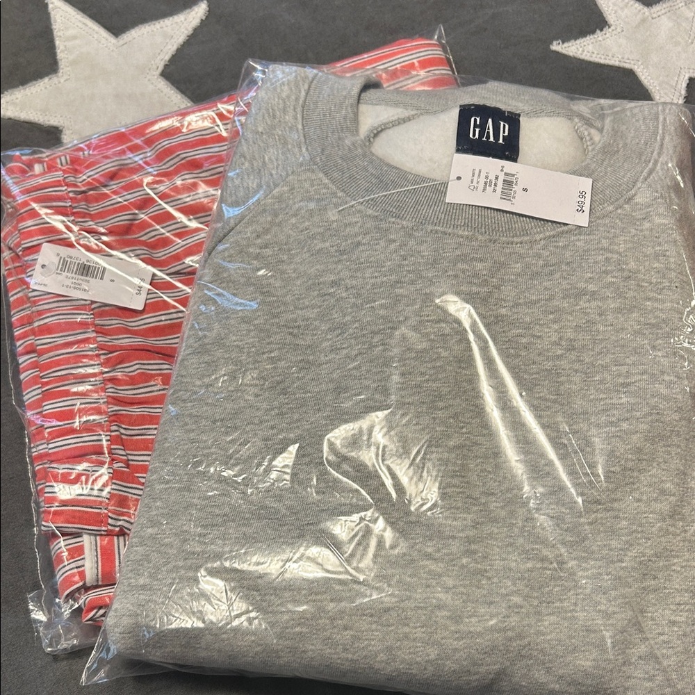 GAP Heather Gray Pullover and Red Striped Trousers